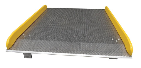 Real Deal Heavy Duty Aluminum Dock Board With Steel Curb, 60 By 72 Inch Loading Ramp, OSHA compliant with yellow edges.