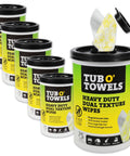 Tub O'Towels Heavy-Duty Dual Texture Wipes six-pack, 75 wipes per canister, front view with opened tub