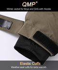 Close-up of adjustable cuff on Kids Winter Coat And Snow Suit Waterproof Insulated Softshell Ski Snowboard Jacket with Hood and Zip Pockets Army Green for Boys and Girls