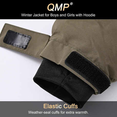 Close-up of adjustable cuff on Kids Winter Coat And Snow Suit Waterproof Insulated Softshell Ski Snowboard Jacket with Hood and Zip Pockets Army Green for Boys and Girls