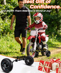 Universal Dirt Bike Training Wheels Kit For 49cc And 50cc Kids Dirt Bikes in use on red kids dirt bike outdoors with gifts