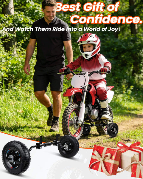 Universal Dirt Bike Training Wheels Kit For 49cc And 50cc Kids Dirt Bikes in use on red kids dirt bike outdoors with gifts