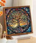Tree Of Life Diamond Painting Kit For Adults Beginners 5D Full Drill Round Beads DIY Dot Art For Home Wall Decor 13.7 X 13.7 Inches Includes Tools And Accessories For Quick Build And Fun Finish, framed tree art on table.