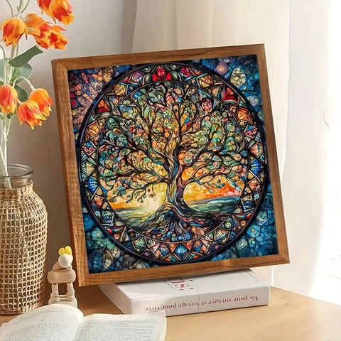 Tree Of Life Diamond Painting Kit For Adults Beginners 5D Full Drill Round Beads DIY Dot Art For Home Wall Decor 13.7 X 13.7 Inches Includes Tools And Accessories For Quick Build And Fun Finish, framed tree art on table.