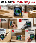Heavy Duty Digital Angle Finder With Dual Laser And Strong Magnet That Gives Accurate Readings Without Any Guesswork For Woodworking And Diy Projects shown measuring angle on wooden surface.