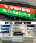 Fireproof And Waterproof Document Bag XL 16x12x3.5 With TSA Lock, showing full opening zipper and interior pockets holding files.