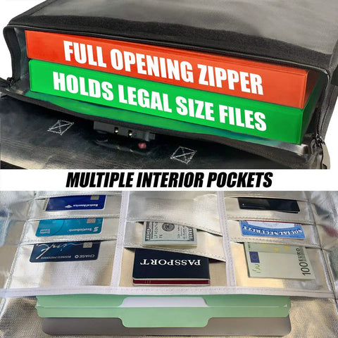 Fireproof And Waterproof Document Bag XL 16x12x3.5 With TSA Lock, showing full opening zipper and interior pockets holding files.