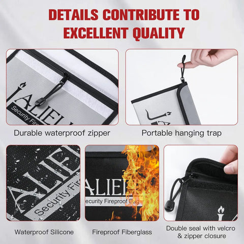 Two Pack Fireproof Money Bags With Zipper And Waterproof Seal 9.5 By 6.5 Inch Durable Silicone Coated Fiberglass Protect Cash Passport Keys And Valuables From Fire And Water In Black And Gray showcase details like zipper, hanging strap, and seal.