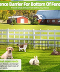 Critter Proof No Dig Fence Barrier For Garden, 30 Panels, 42.5 Feet Long By 13 Inches High, Rustproof Metal Border For Outdoor Use, illustrated with small animals in yard.