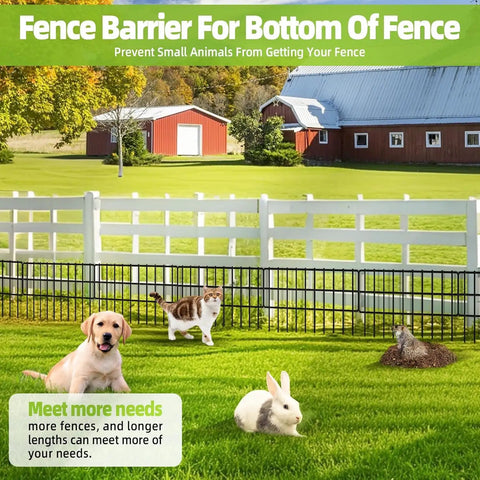 Critter Proof No Dig Fence Barrier For Garden, 30 Panels, 42.5 Feet Long By 13 Inches High, Rustproof Metal Border For Outdoor Use, illustrated with small animals in yard.