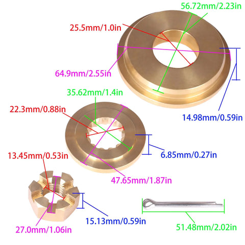 All In One Boat Propeller Hardware Kit For Evinrude Johnson 60HP To 130HP And Mercury Engines Includes Thrust Bushing Spacer Nut Keeper And Cotter Pin For Fast Easy Secure Prop Setup shown with dimensions