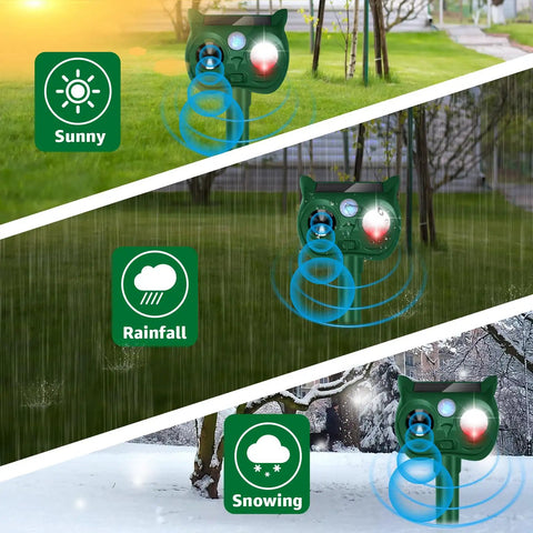 Solar Powered Ultrasonic Animal Repellent With Outdoor Motion Sensor For Squirrels And Deer Yard Guard PIR Detection Up To 30 Feet 120 Degree Coverage Inaudible To Humans With LED Strobe used in sun, rain, and snow