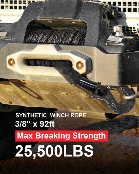 Beefy Heavy Duty Synthetic Winch Rope Three Eighths Inch By Ninety Two Feet 25500 Lbs Break Strength Braided UHMWPE Gray For Off Road Jeeps ATVs UTVs And Trucks Under Eight Thousand Five Hundred Lbs. synthetic winch rope on Jeep winch, 3/8 in x 92 ft, braided UHMWPE, with hook