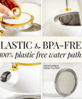 High Temperature Control Electric Kettle With 1500W Rapid Boil And Keep Warm Function Glass Body BPA Free Design White And Gold Finish Auto Shut Off Sleek Modern Design For Tea Lovers And Daily Hydration featuring plastic-free water path and removable mesh filter