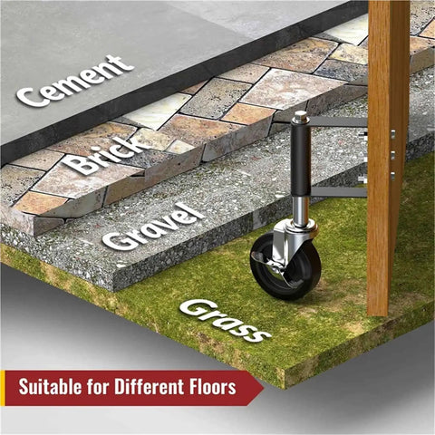 Built Tough As Nails Heavy Duty Gate Caster Wheel With Four Inch Spring Loaded Swivel Roller on various surfaces like grass and gravel.