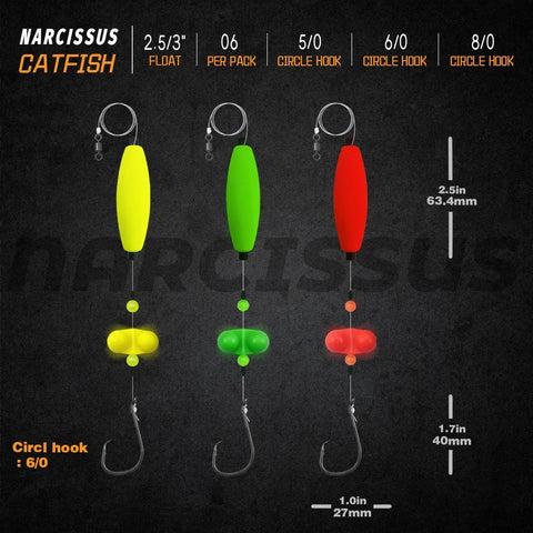 Image of Catfish Rig Set With 6 Pre Tied Rigs 2 Sinker Sliders And 2 Ounce Pyramid Sinkers Circle Hooks Size 6 Zero Santee Rig Complete Ready To Use Tackle Kit showing yellow, green, red rigs with floats and circle hooks.