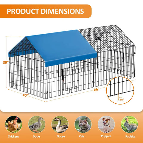 Heavy Duty Metal Chicken Coop With Cover, 86 By 40 By 39 Inches Outdoor Run Pen for yard poultry, ducks, rabbits, and small pets