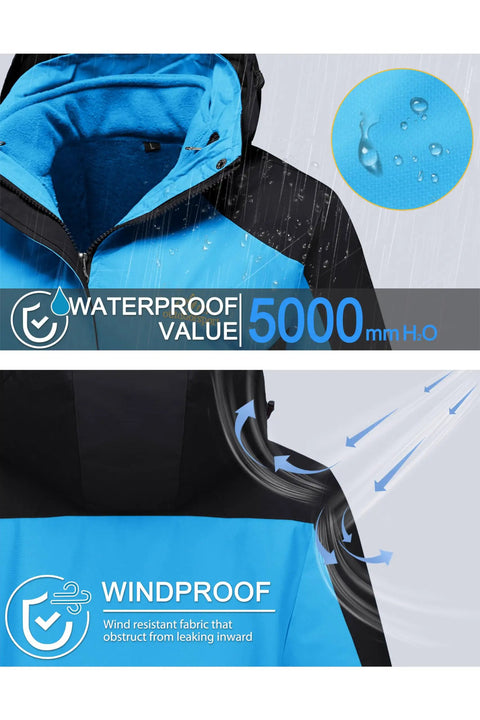 Three In One Snow Jacket For Women With Inner Fleece Layer And Waterproof Windproof Shell Lake Blue Winter Coat For Ski And Snowboard Cozy Warm Breathable Insulated Gear All Weather Size XL showing waterproof and windproof features