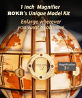 Close-up of LED Illuminated 3D Wooden Globe Puzzle Kit with 1-inch magnifier and map detailing for adults and teens.