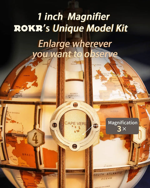 Close-up of LED Illuminated 3D Wooden Globe Puzzle Kit with 1-inch magnifier and map detailing for adults and teens.