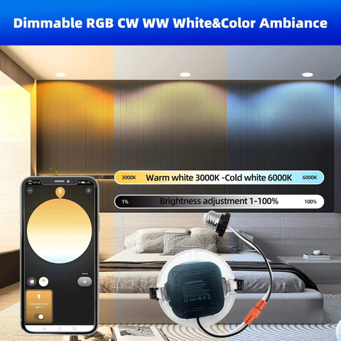 ZigBee 3.0 Smart Retrofit Recessed Lighting 5″,RGBWW LED Downlight 3 Pack with smartphone app control and adjustable brightness.