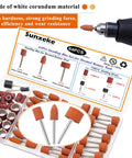 Sunxeke 64-piece sanding bits set for Dremel; close-up of orange aluminum oxide stones and sanding drums, 1/8 in shank.