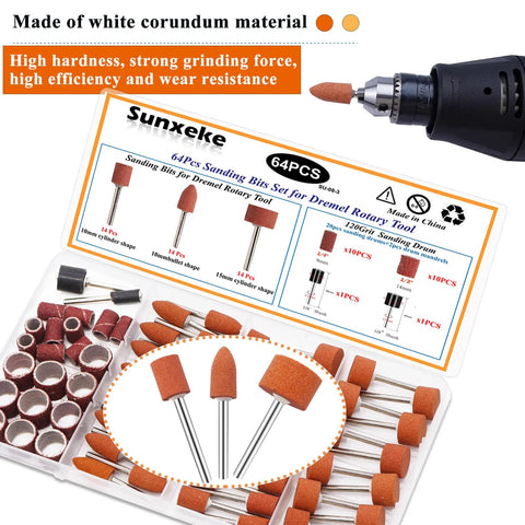 Sunxeke 64-piece sanding bits set for Dremel; close-up of orange aluminum oxide stones and sanding drums, 1/8 in shank.