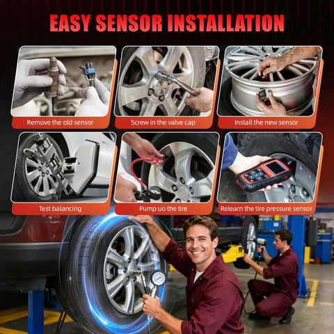 Preprogrammed 315MHz TPMS Sensor Kit for Chevy Silverado Equinox Escalade GMC Terrain Sierra 4 Pack Tire Pressure Monitoring System with OE Fit and Easy Install shows sensor installation steps