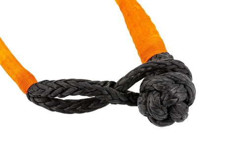 Soft Rope Recovery Shackle For Off Road Winching Up To 32000 Lbs 14.5 Ton close-up with orange and black braided texture