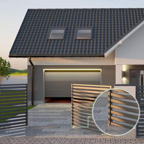 Built Tough 1.9 Inch Sliding Gate Wheels 4 Pack Smooth Operator 360 Degree Swivel V Groove Caster Pulleys mounted on outdoor gate.