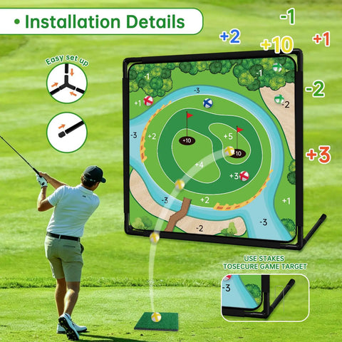 Golfer using Dual Sided Golf Chipping Game Set With Club Sticky Golf Games Pro Battle Mat Portable Practice on outdoor lawn