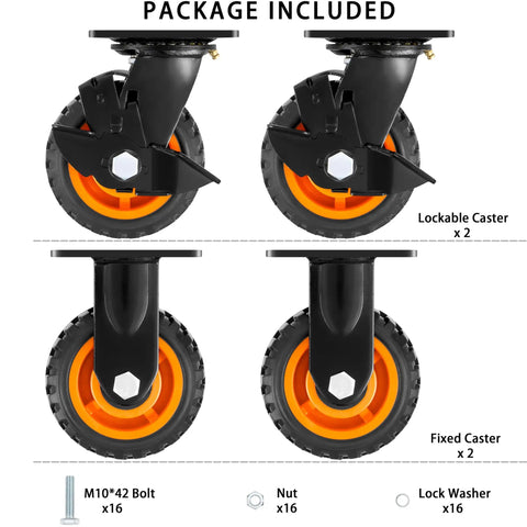 Hella Heavy Duty 5 Inch Caster Wheels Set of 4 showing 2 lockable and 2 fixed swivel casters with solid rubber tires.