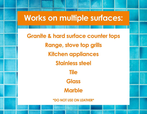 Text on blue tile background listing surfaces Orange Oil Concentrate Cleaner works on: granite, range, appliances, steel, tile, glass, marble.