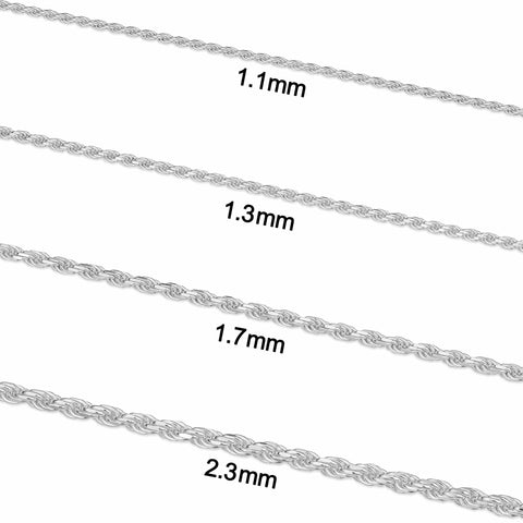 Sterling Silver Diamond Cut Rope Chain Bracelet 2.3mm 8.5 Inch, Hypoallergenic Nickel Free 925 Stamp, multiple thickness comparisons