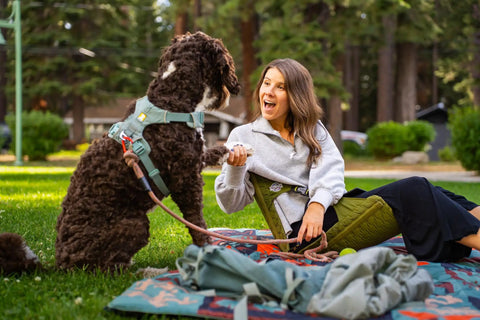 Woman seated in HEX 2.0 No Frills Outdoor Chair For Camping And Stadium Seating With All Terrain Comfort Adjustable Straps Ultra Compact And Water Resistant Easy To Carry Olive And Slate Color, with a dog in a park.