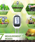 7 In 1 Soil Tester Kit With Backlit LCD for Plants showcasing pH, moisture, temperature, and sunlight measurement features in garden use.