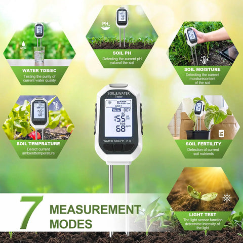 7 In 1 Soil Tester Kit With Backlit LCD for Plants showcasing pH, moisture, temperature, and sunlight measurement features in garden use.