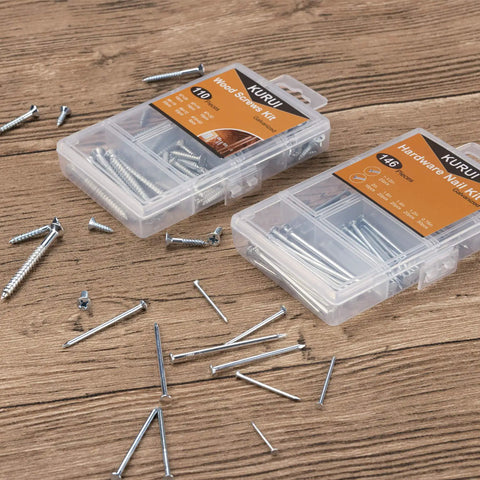 Must Have Pro Grade All In One Hanging Nails And Wood Screws Kit With Clear Organizer Box 256 Piece Hardware Set on wood table