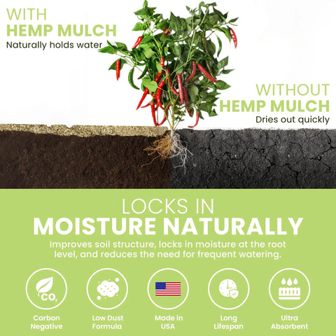 Natural Hemp Garden Mulch Soil Conditioner For Moisture Retention And Weed Suppression Ideal For Flower And Vegetable Beds This Eco Friendly Potting Aid Keeps Soil Rich And Healthy Grown In The US 25 Lb Bag hemp mulch comparison graphic with pepper plant and soil moisture