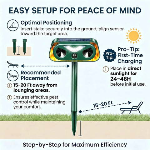 4 Pack Solar Ultrasonic Animal Repeller With Motion Sensor And LED Strobe Light, Waterproof Outdoor Deterrent For Deer Cats Squirrels Raccoons And Rabbits, Garden Yard Protection. Solar stake setup guide