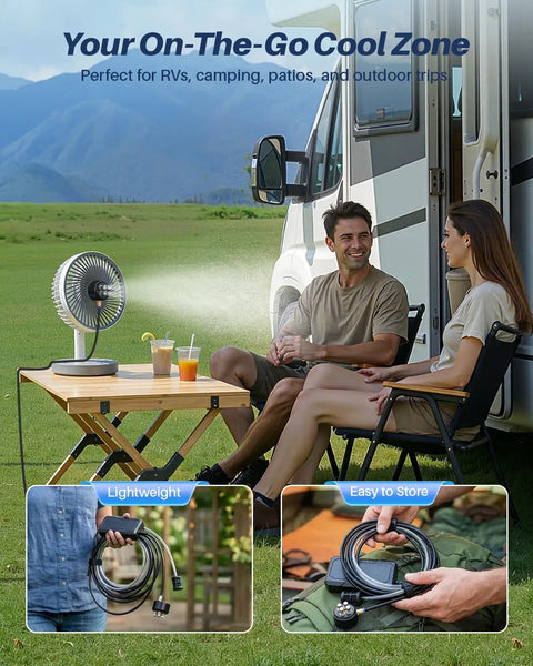 Couple using Magnetic Portable Misting System with Rechargeable 6000mAh Pump for Outdoor Cooling on patio with fan and RV