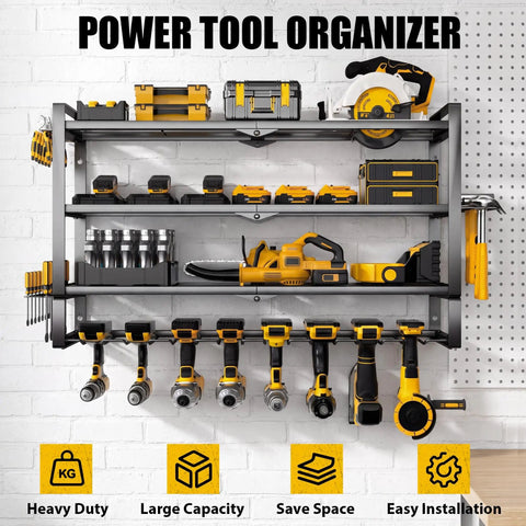 Large Power Tool Organizer Wall Mount 4 Tier Heavy Duty Metal Storage Rack Holds 400lbs With 8 Cordless Drill Holders And Battery Tool Hanger For Garage Workshop Pegboard Shed