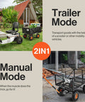 Heavy Duty Steel Garden Cart Beast With 660 Pound Hauling Capacity And Fast Dump Bed Towable Utility Wagon With 10 Inch Pneumatic Tires shown in trailer and manual modes.