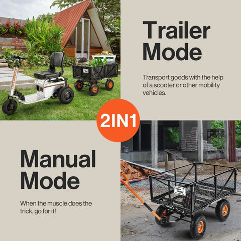 Heavy Duty Steel Garden Cart Beast With 660 Pound Hauling Capacity And Fast Dump Bed Towable Utility Wagon With 10 Inch Pneumatic Tires shown in trailer and manual modes.