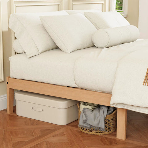 Built Different Twin Xl Wood Bed Frame With Solid Rubberwood Platform Base showcasing bedding and storage beneath.