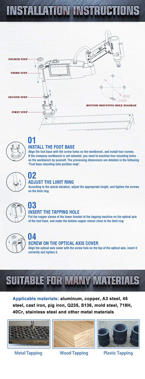 Installation instructions for Heavy Duty Electric Tapping Machine Handles M6 Through M36 Threads With A Swingin Forty Six Inch Arm Rotating Three Sixty Degrees Plus Stepless Speed Control And Fourteen Piece Ansi Tap Collet Set For Workshop Jobs.