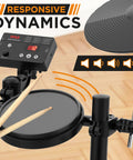 Close-up of 7 Piece Electric Drum Set With Mesh Snare And Tom Pads, 10 Inch Cymbals, USB MIDI Support, and drum sticks in action