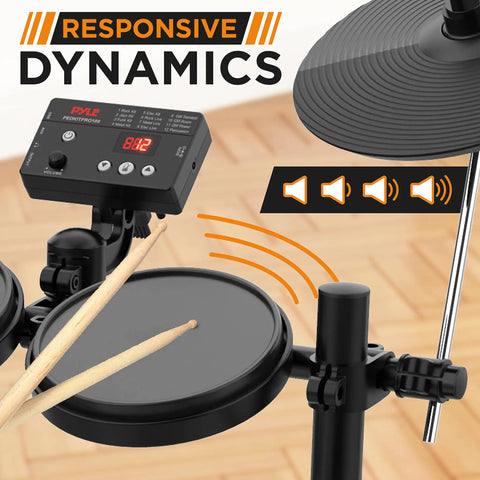 Close-up of 7 Piece Electric Drum Set With Mesh Snare And Tom Pads, 10 Inch Cymbals, USB MIDI Support, and drum sticks in action
