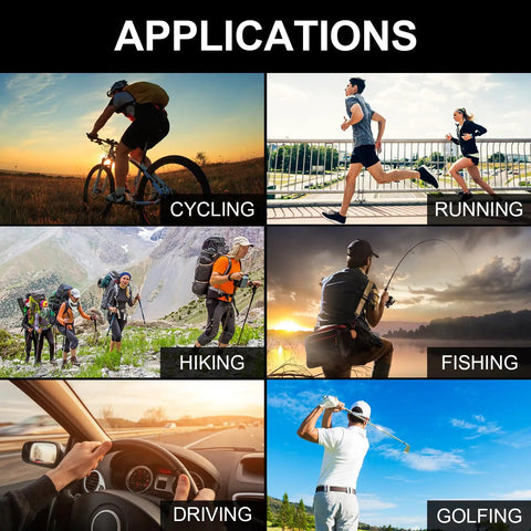 Applications of Go To Sport Sunglasses For Men And Women With UV400 Protection in cycling, running, hiking, fishing, driving, golfing.