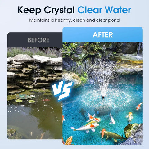 Pond before and after using All In One Pond Filter With Pump And Fountain Kit 660GPH 40W for clean water in koi pond.